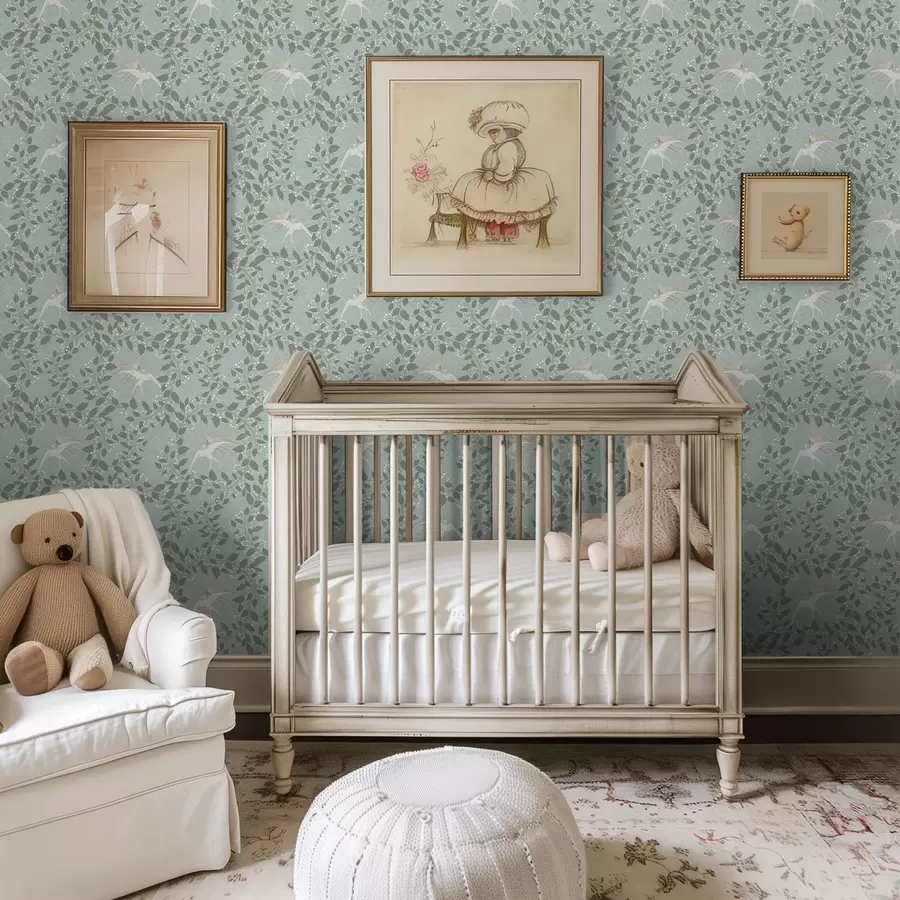 fototapeter Grener med hvite bær og fugler på grønn bakgrunn a00731