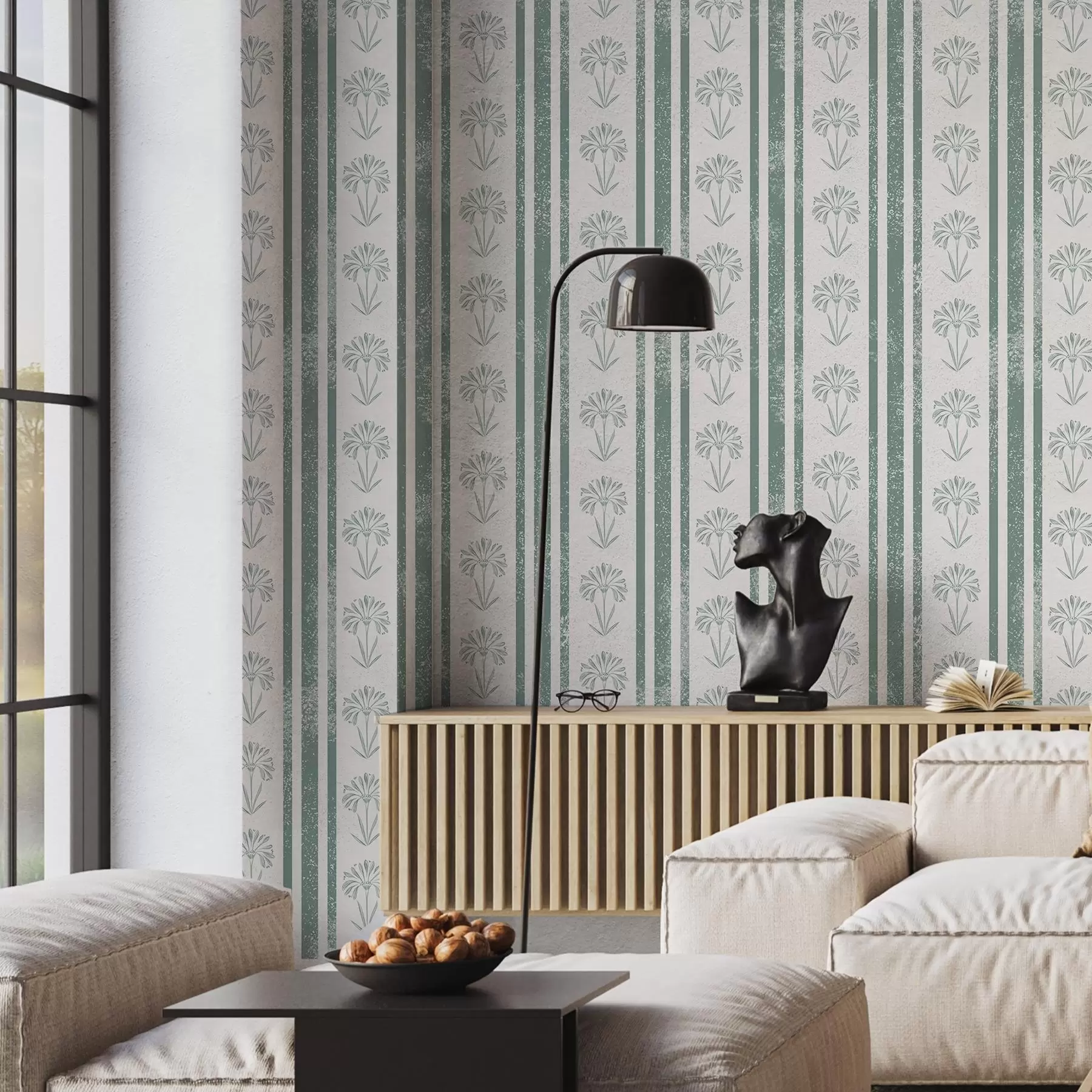 fototapeter Båndmønster med blomster i grønne nyanser a00732