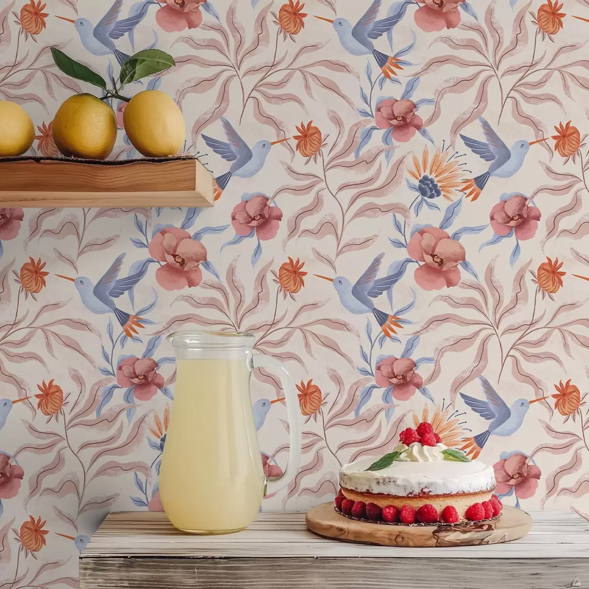 Bakgrunn Kolibrier blant store blomster i rosa og blå toner a00733