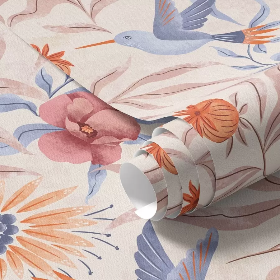fototapeter Kolibrier blant store blomster i rosa og blå toner a00733