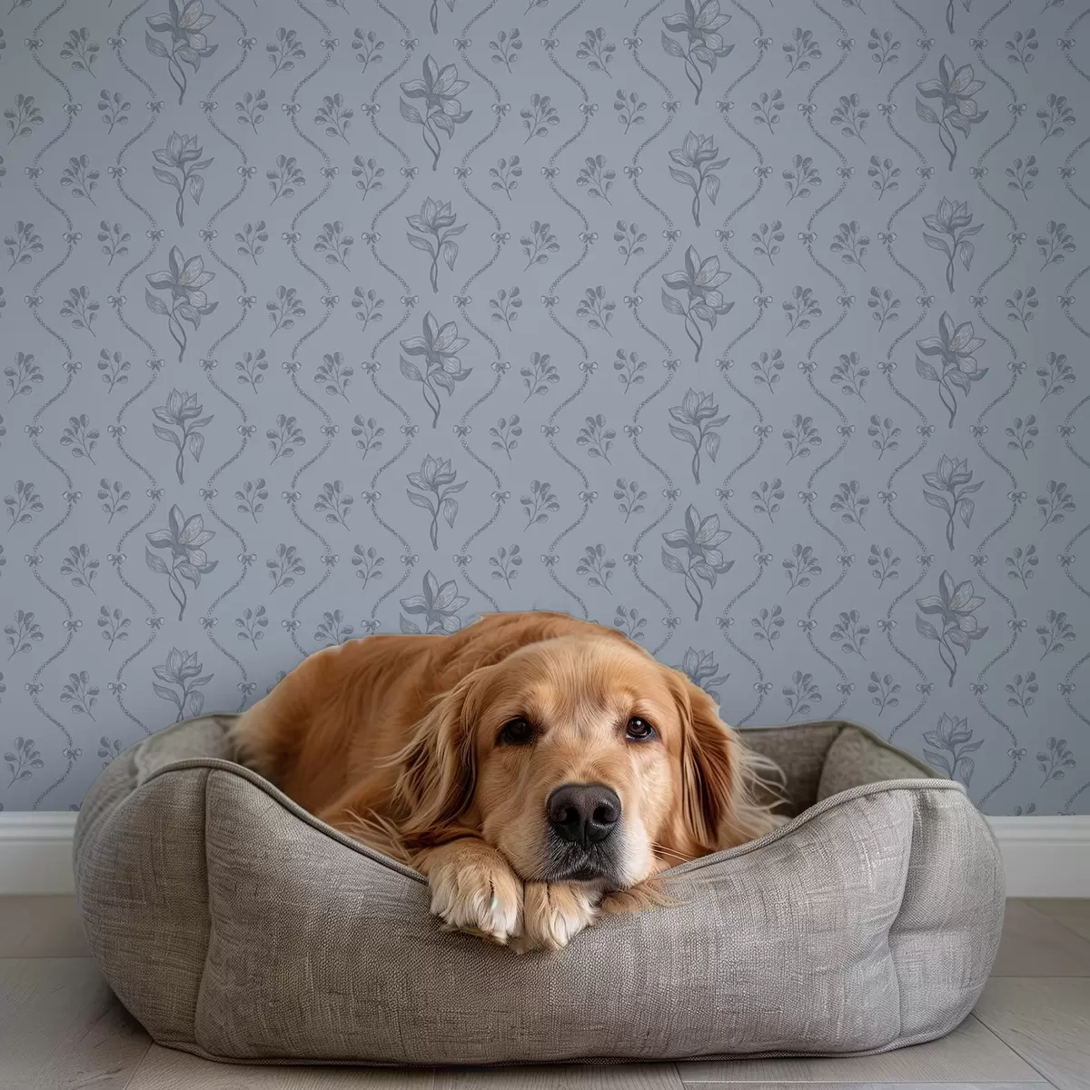 Bakgrunn Små blomster og bånd i gråblå farger a00808v2