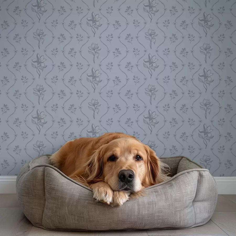 fototapeter Små blomster og bånd i gråblå farger a00808v2