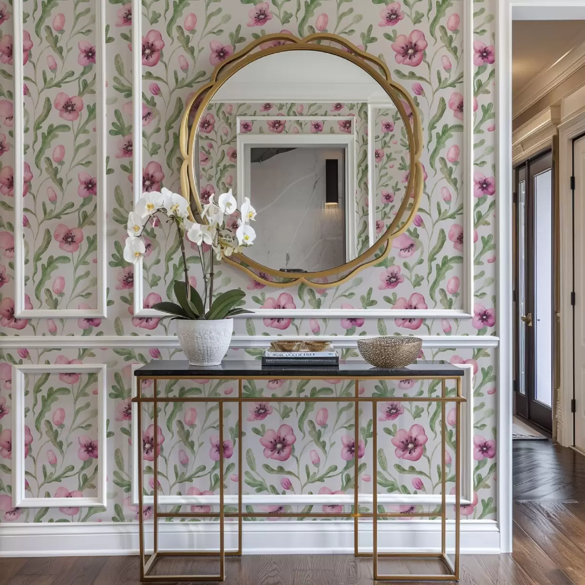 Bakgrunn Delikate rosa valmuer med blader i akvarellteknikk a00830