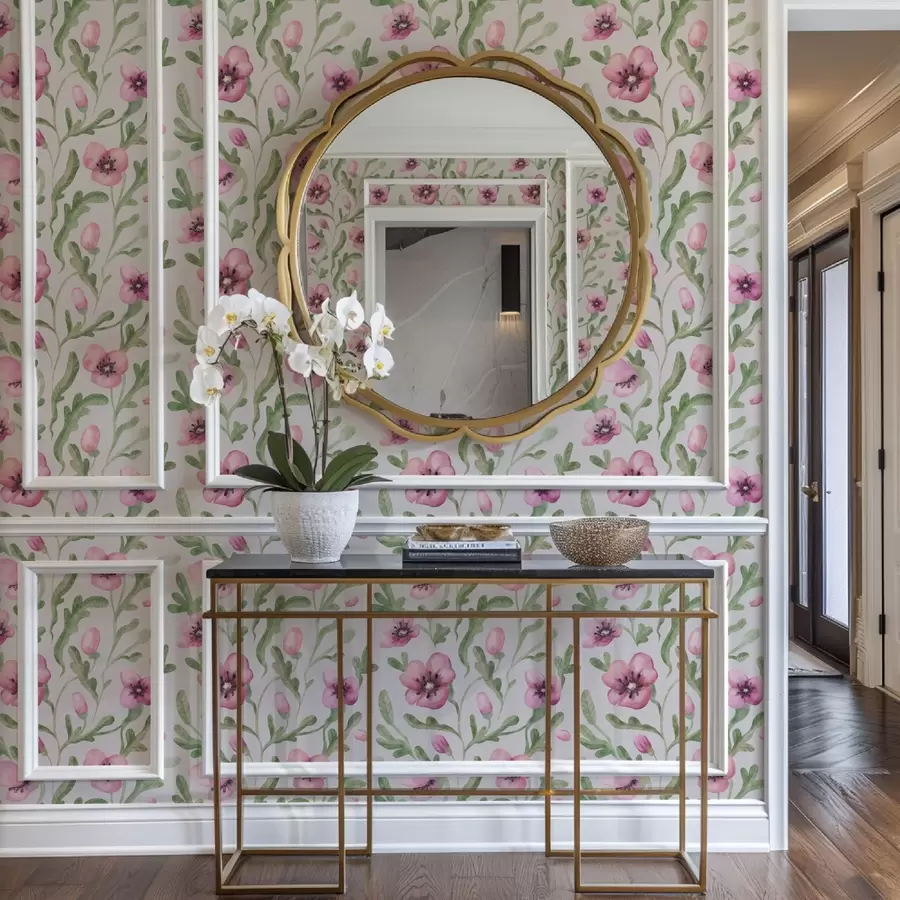 fototapeter Delikate rosa valmuer med blader i akvarellteknikk a00830