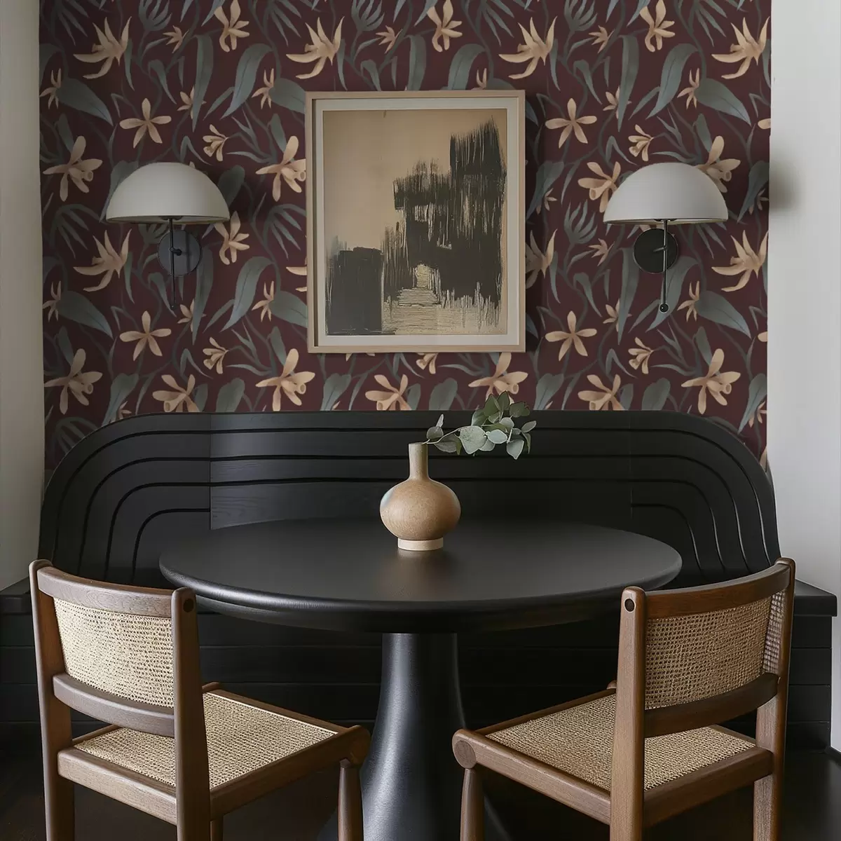 Bakgrunn Kremfargede blomster med grå blader på burgunderfarget bakgrunn a00833