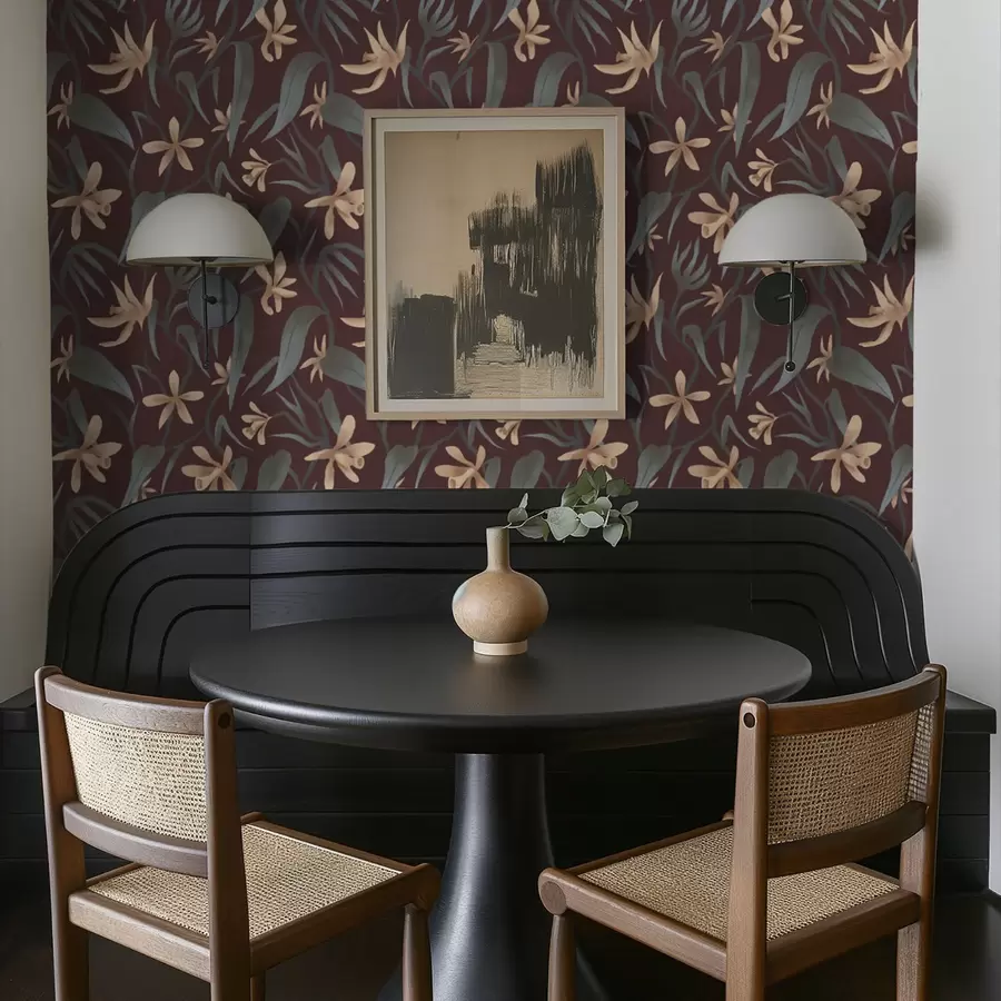 fototapeter Kremfargede blomster med grå blader på burgunderfarget bakgrunn a00833