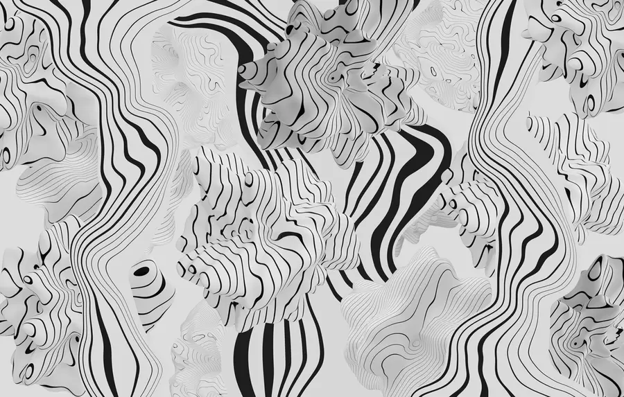 fototapeter abstrakte organiske former i 3D-stil i hvite og grå toner med svarte striper w04627