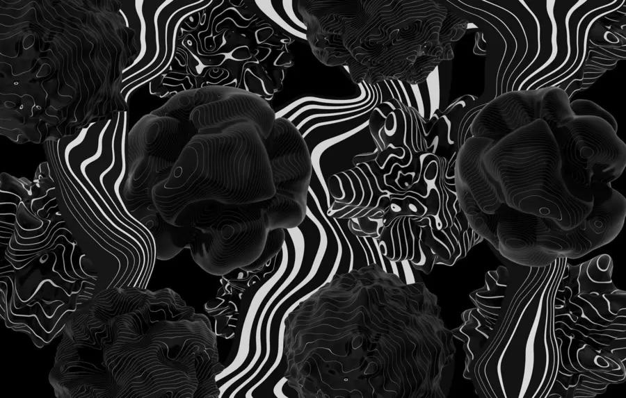 fototapeter abstrakte organiske former i 3D-stil i svarte toner med hvite striper w04628