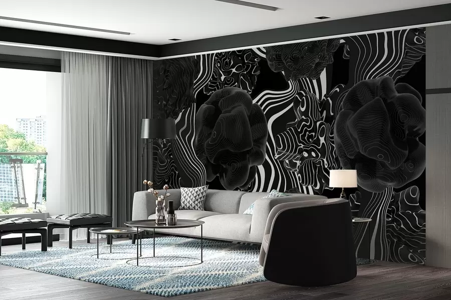 fototapeter abstrakte organiske former i 3D-stil i svarte toner med hvite striper w04628