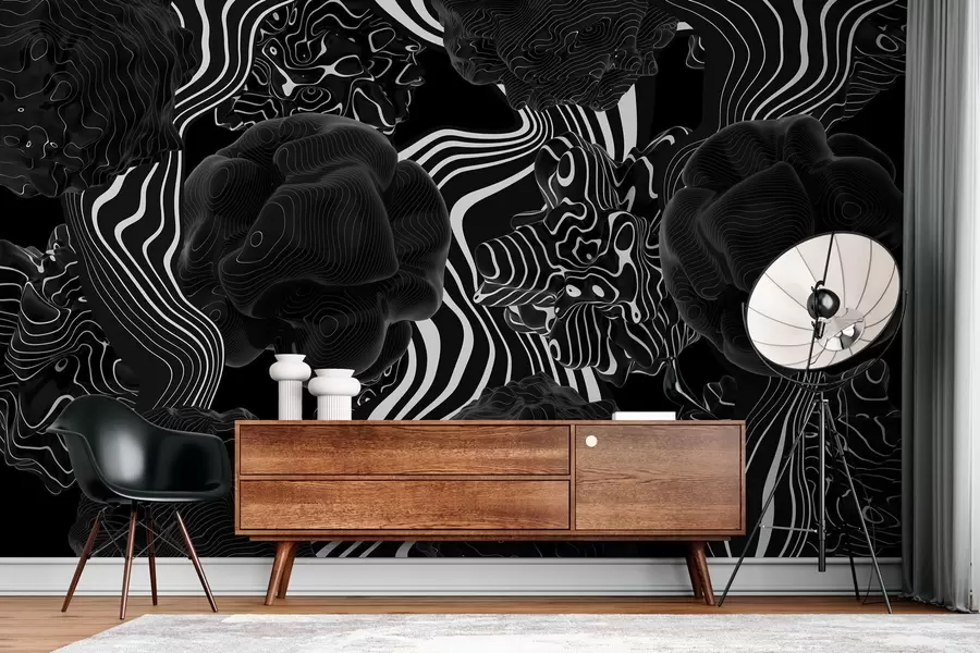 fototapeter abstrakte organiske former i 3D-stil i svarte toner med hvite striper w04628