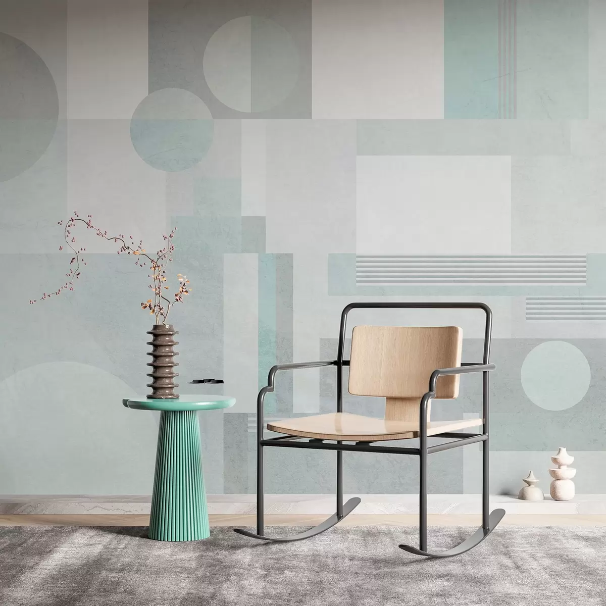 fototapeter abstrakt geometri i grågrønne toner w04635v3