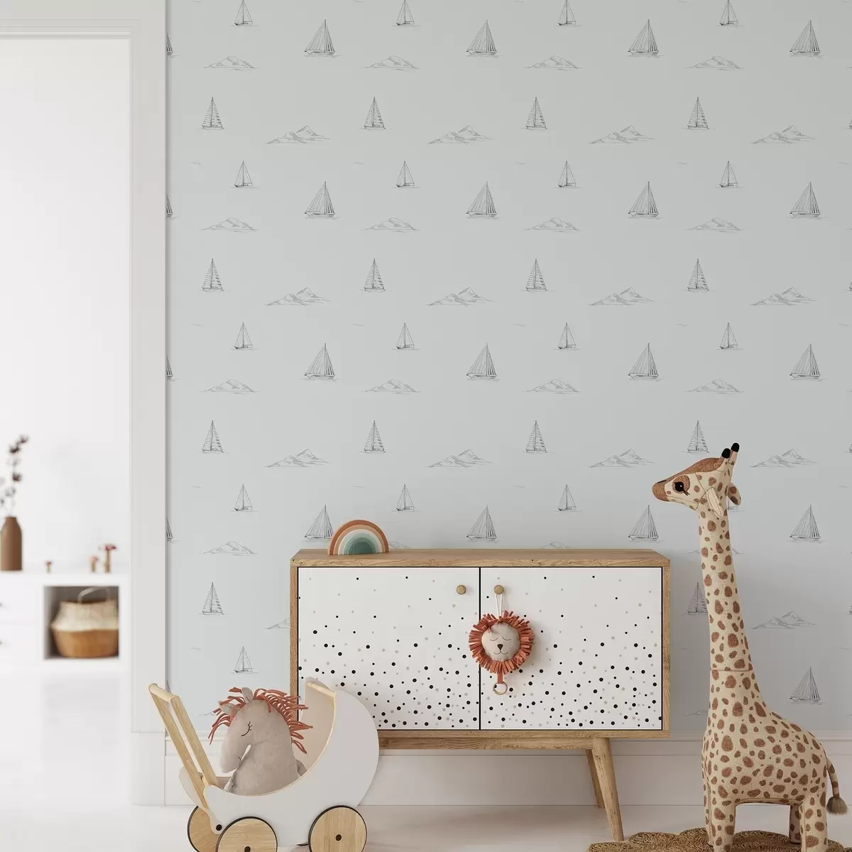 Bakgrunn Skisse av yachter og øyer, kul blågrå bakgrunn a00654