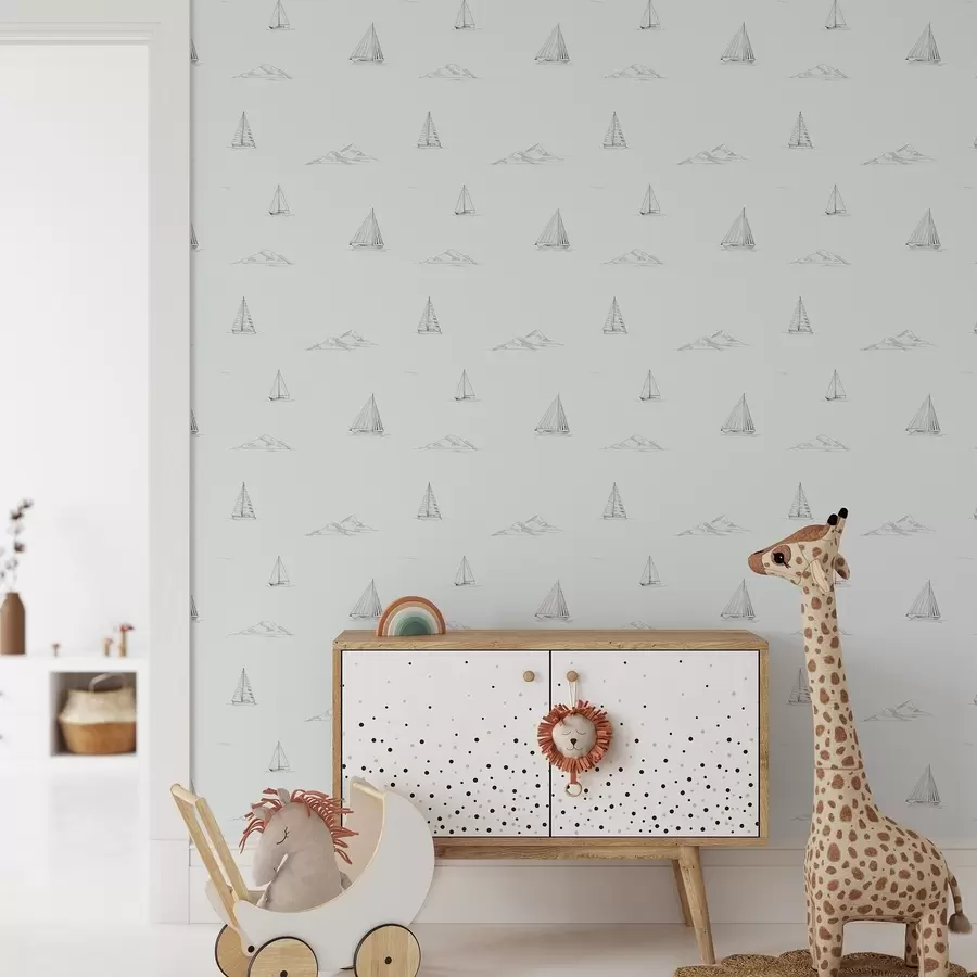 fototapeter Skisse av yachter og øyer, kul blågrå bakgrunn a00654