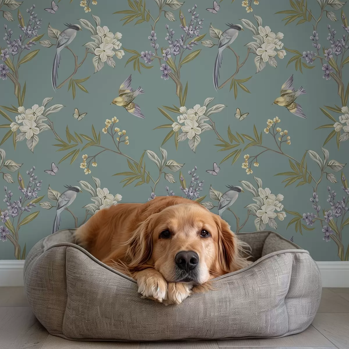 Bakgrunn Fugler, blomster og sommerfugler på en blågrå bakgrunn a00735