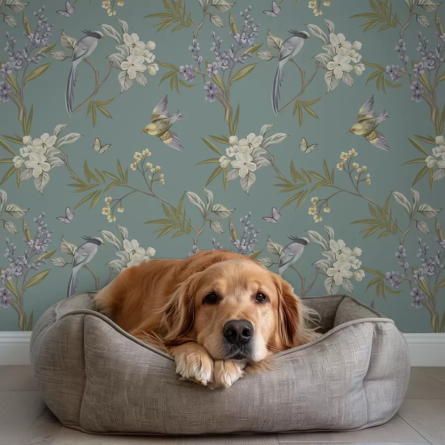 fototapeter Fugler, blomster og sommerfugler på en blågrå bakgrunn a00735