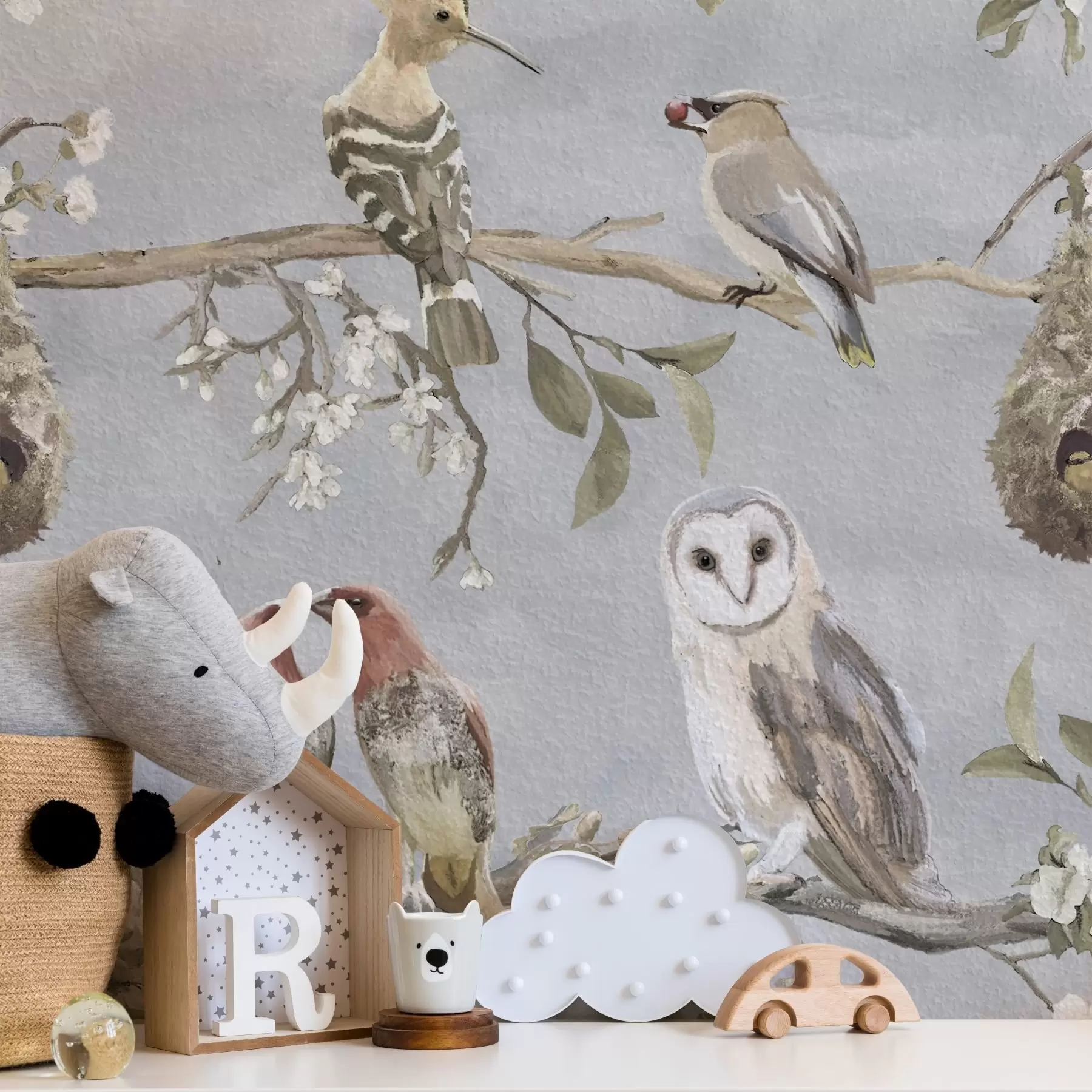 fototapeter Fugler på grener med blomster på grå bakgrunn a00738