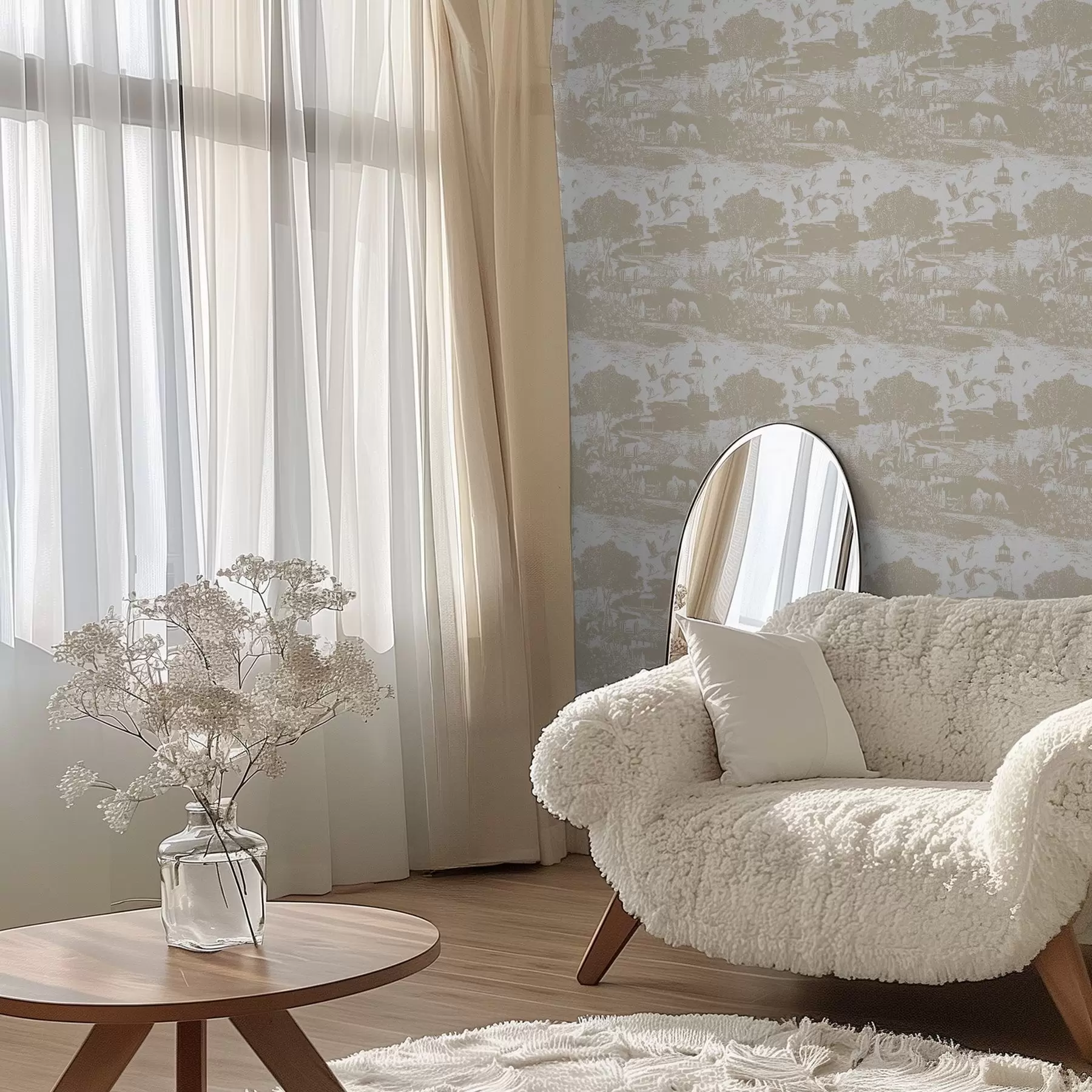 fototapeter Scene med fyr, trær og hus i sienna a00739