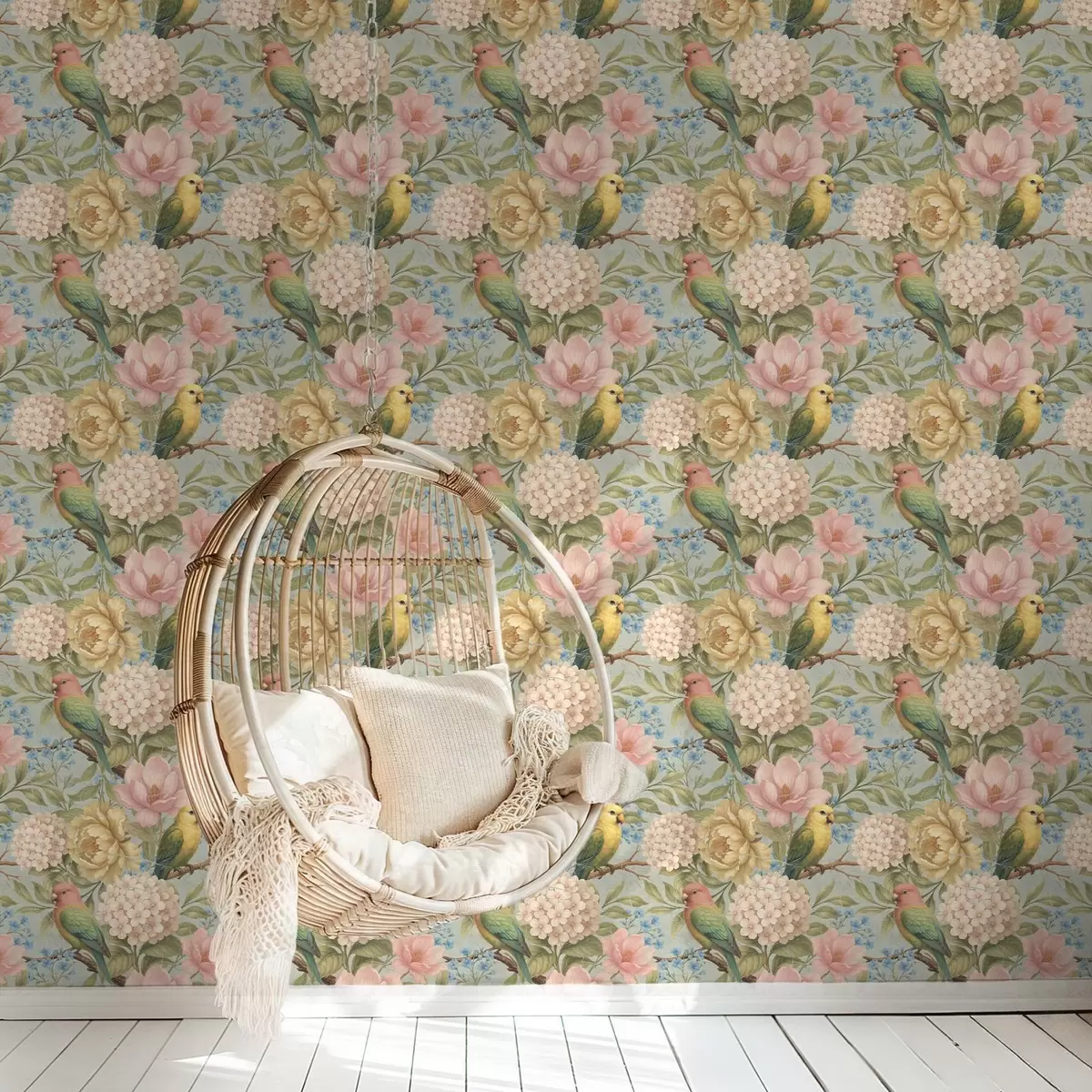 Bakgrunn Papegøyer blant pioner, hortensiaer og magnoliaer a00747