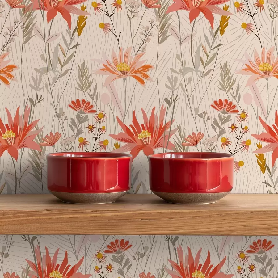 fototapeter Villblomster i varme farger på beige bakgrunn a00751