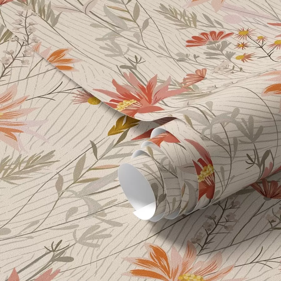 fototapeter Villblomster i varme farger på beige bakgrunn a00751