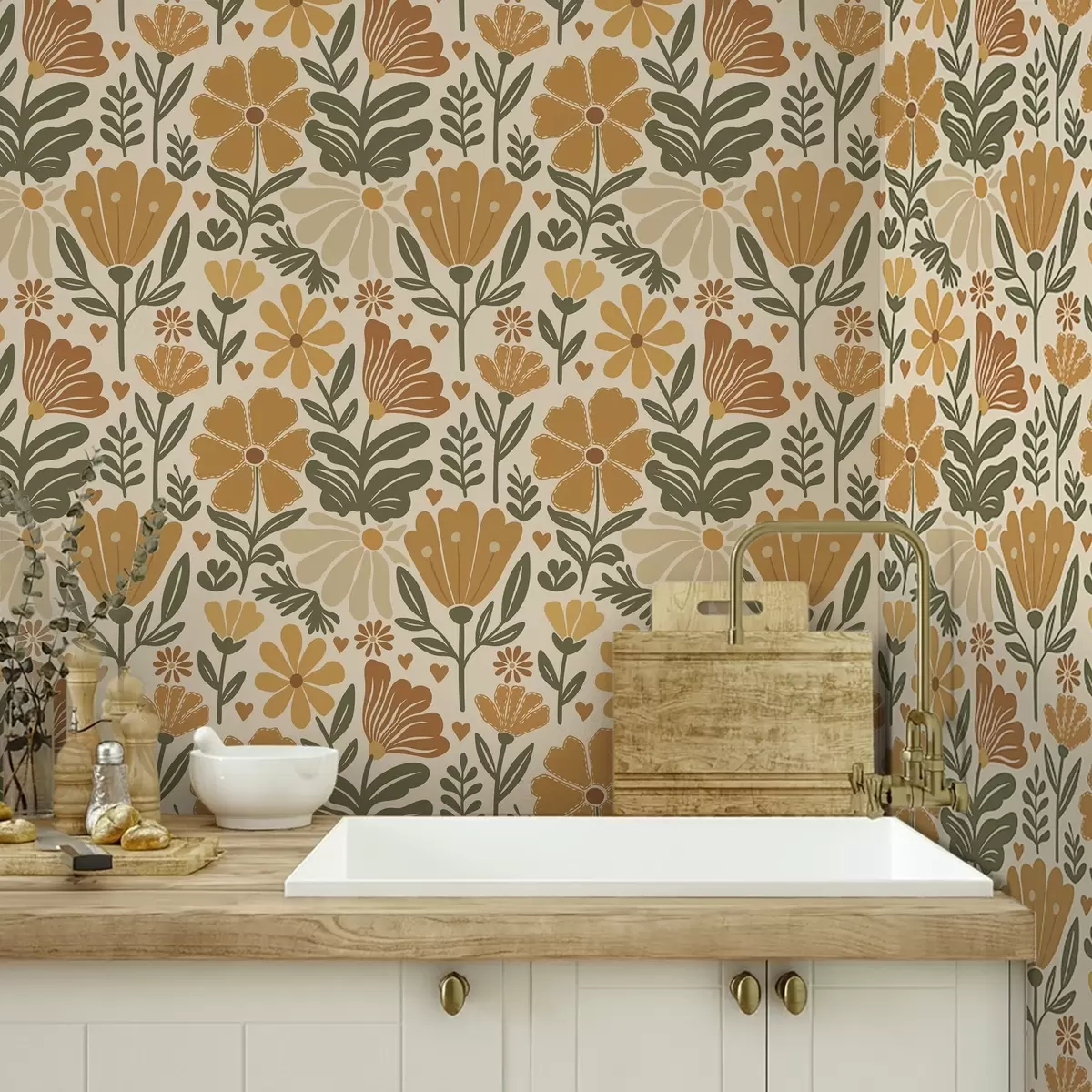 Bakgrunn Stiliserte blomster i varme farger med hjerter a00752