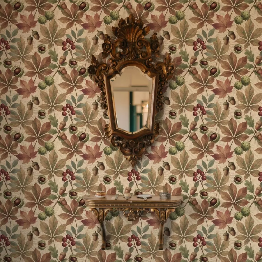 fototapeter Høstløv, eikenøtter og bær på beige bakgrunn a00754