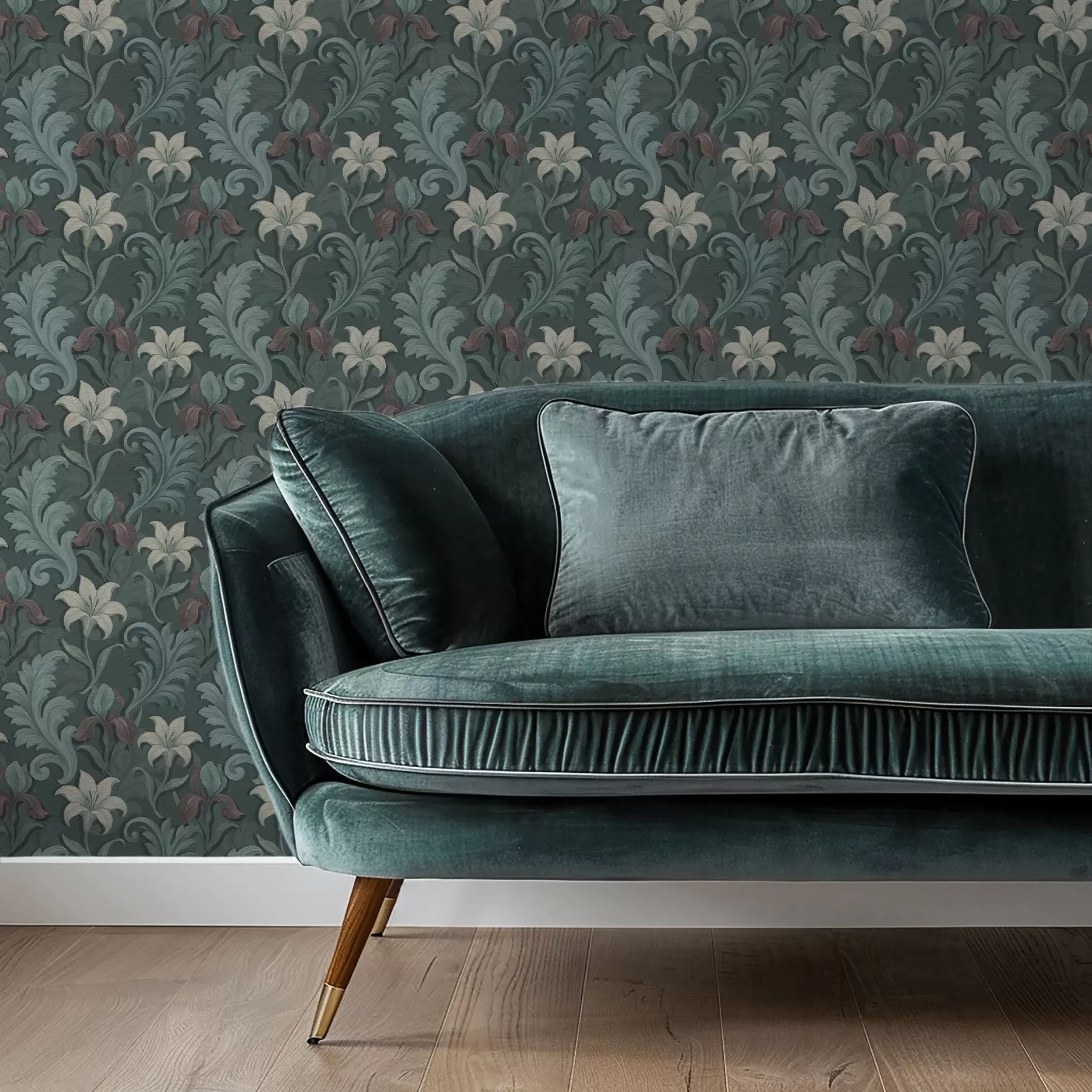 fototapeter Mørkegrønn bakgrunn med iris og dekorative blader a00755