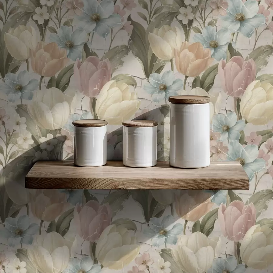 fototapeter Pastellfargede tulipaner og blomster på lys, sprukket bakgrunn a00756