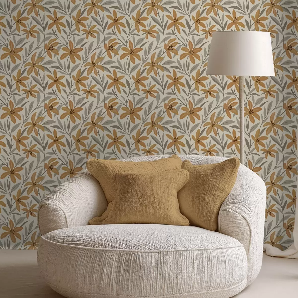 Bakgrunn Gule liljer og grågrønne blader på lys bakgrunn a00757