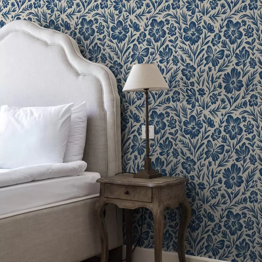 fototapeter Blå blomsterornament med sommerfugler a00758