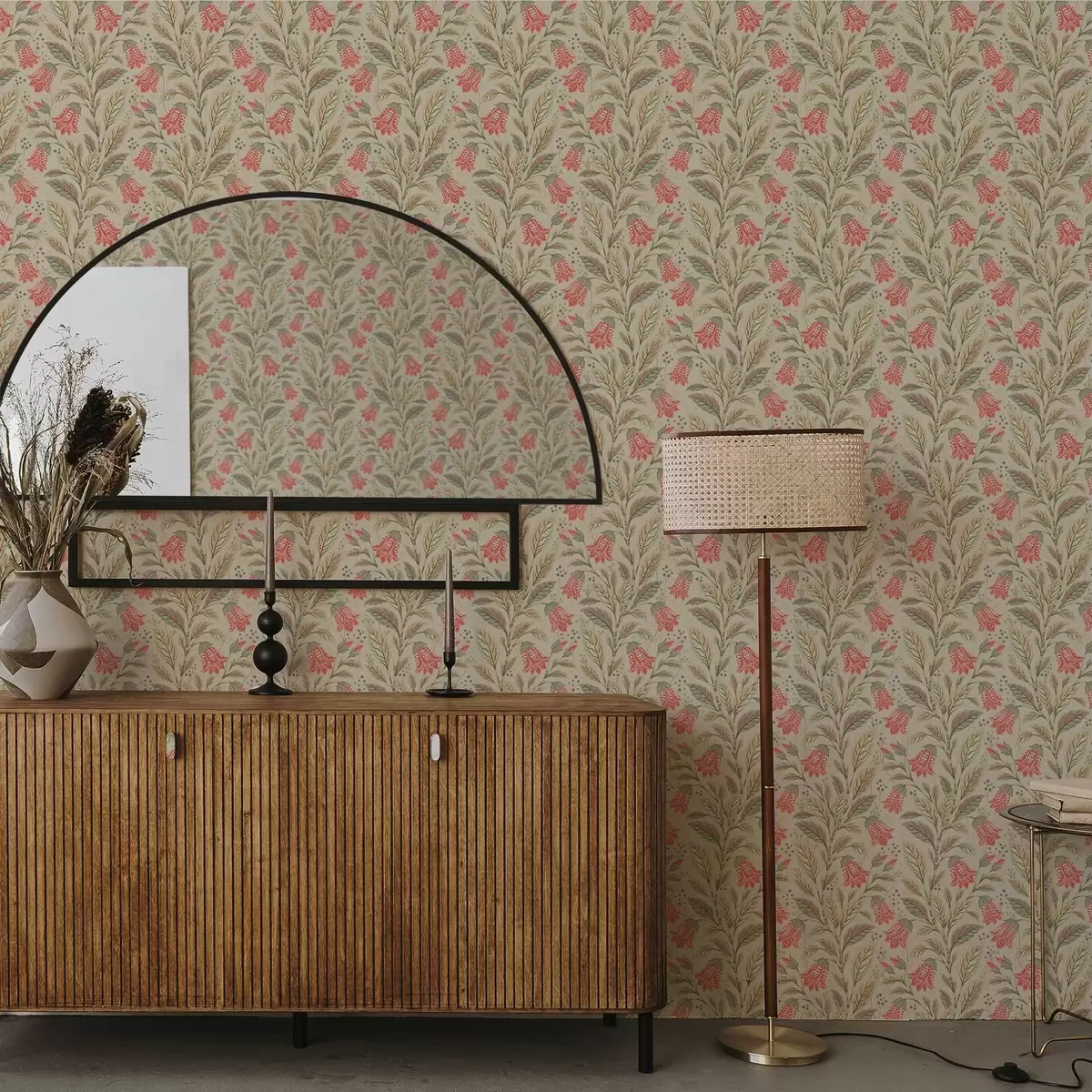 Bakgrunn Små blomster med klokker i rosa-grønn palett a00760