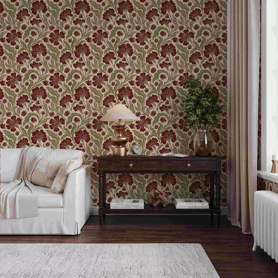 fototapeter Burgunderblomster med grønne blader på lys bakgrunn a00761