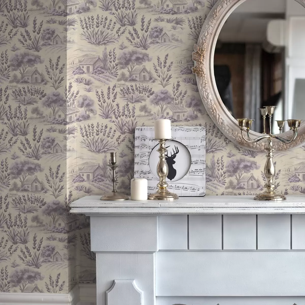 Bakgrunn Lavendelmarker og hus i pastellfarger a00765