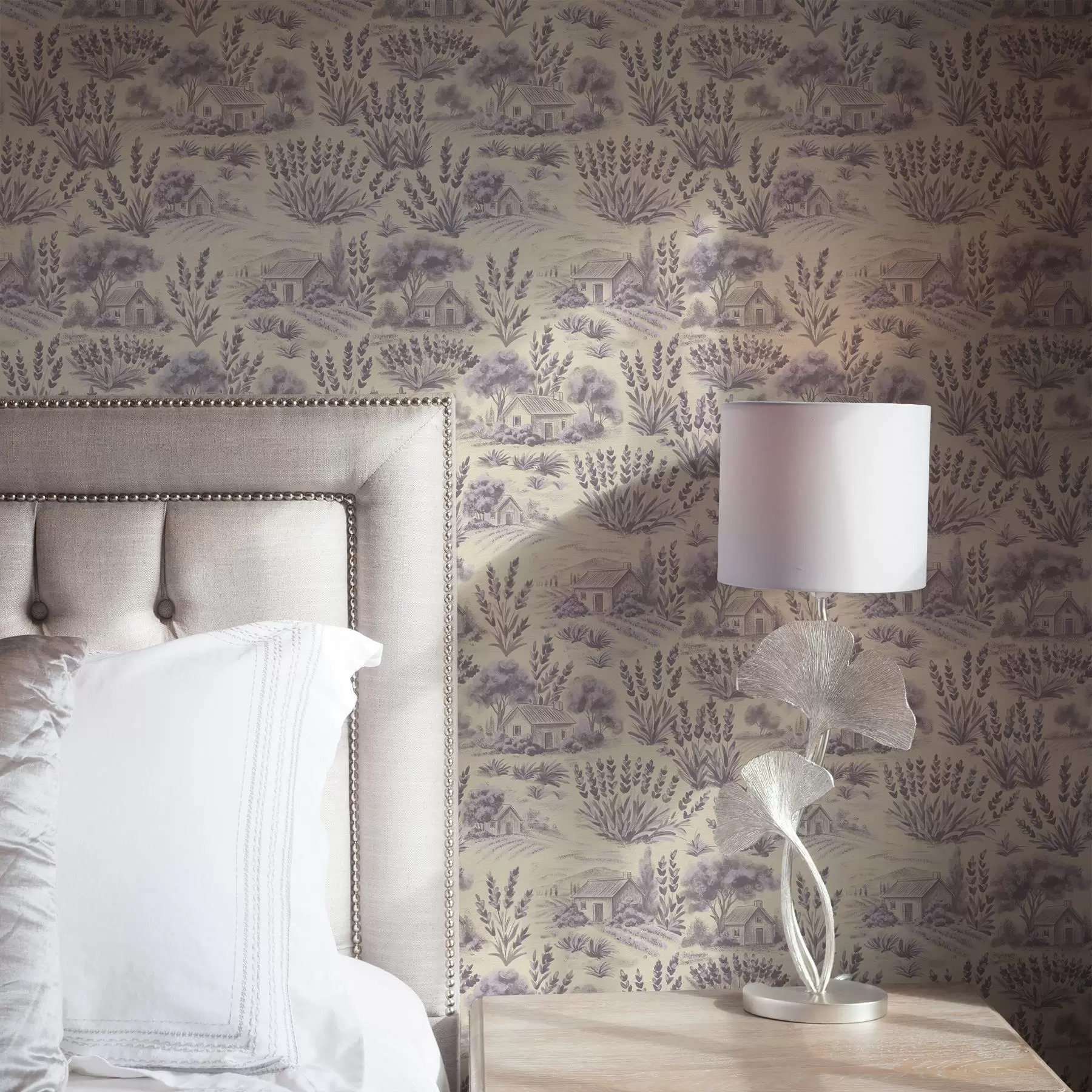 fototapeter Lavendelmarker og hus i pastellfarger a00765