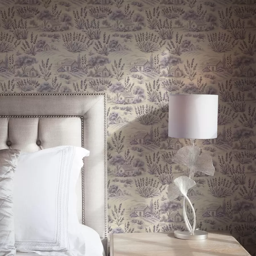 fototapeter Lavendelmarker og hus i pastellfarger a00765