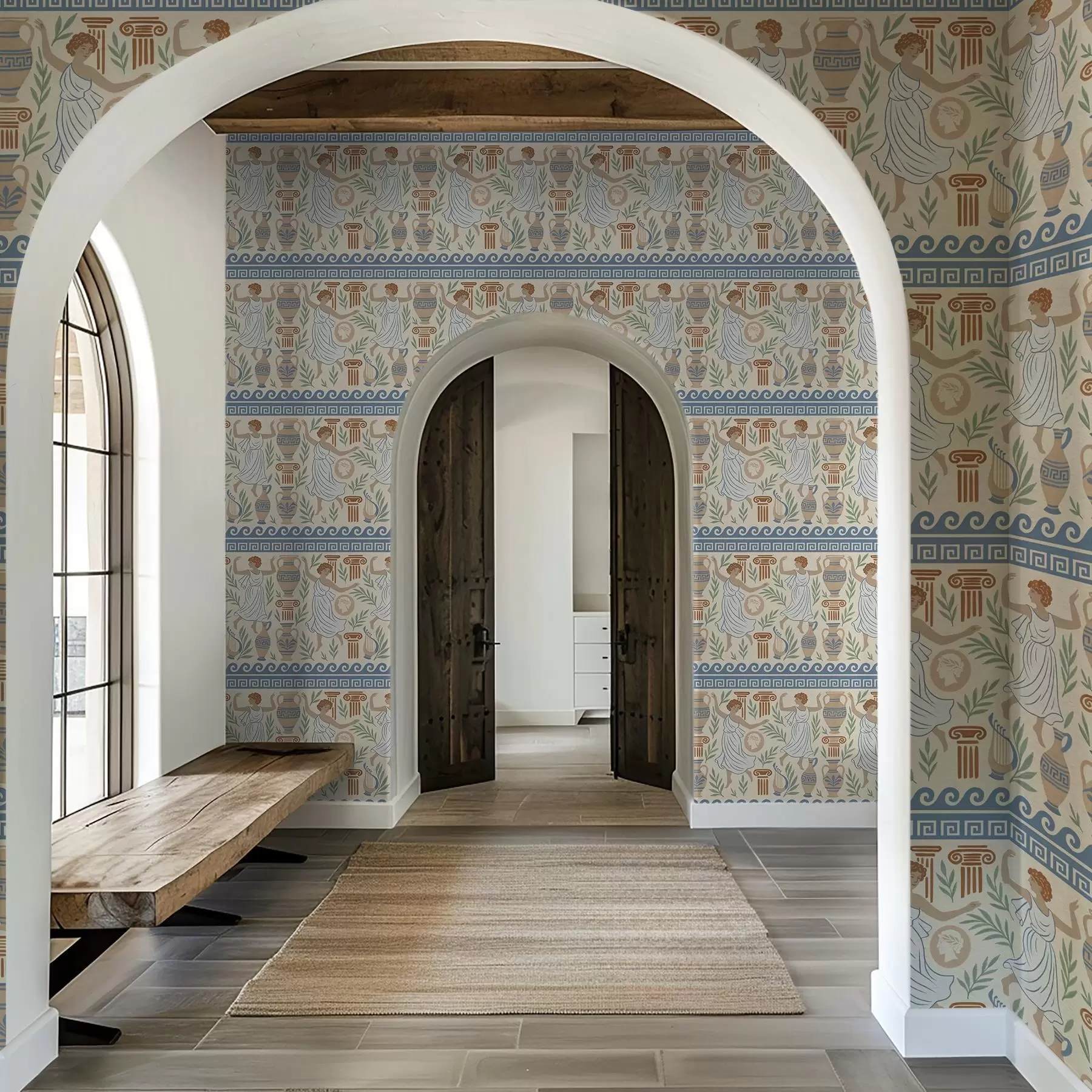 fototapeter Gammelgresk ornament med figurer, vaser og søyler a00768