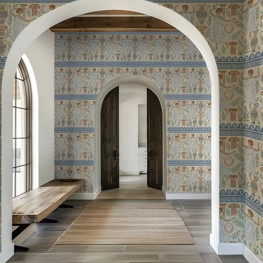 fototapeter Gammelgresk ornament med figurer, vaser og søyler a00768