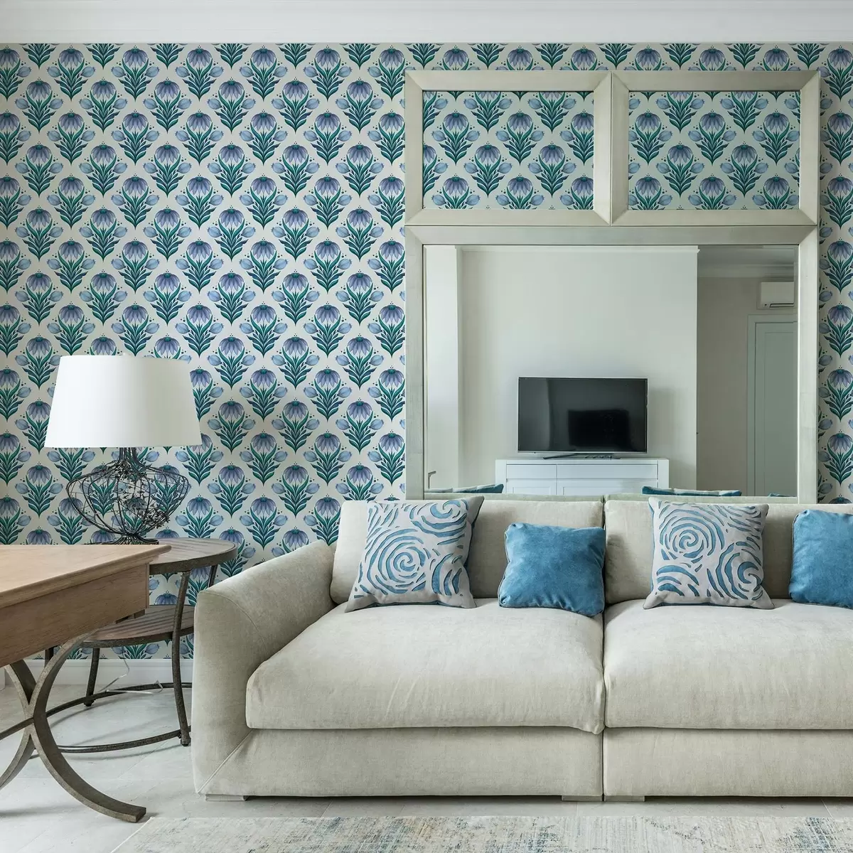 Bakgrunn Symmetrisk blomsterornament i blåhvite nyanser a00812v2