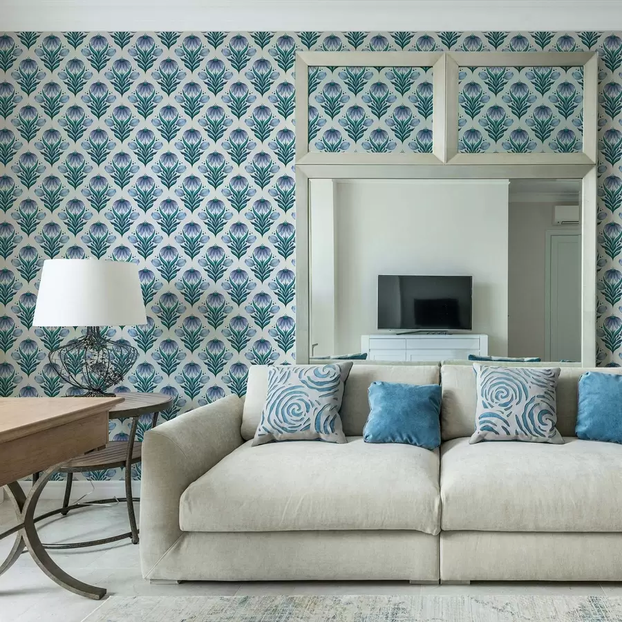 fototapeter Symmetrisk blomsterornament i blåhvite nyanser a00812v2