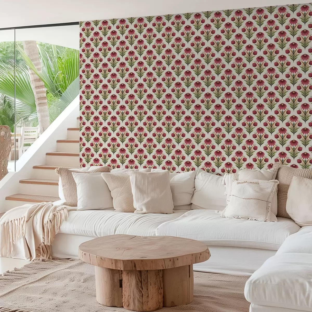 Bakgrunn Symmetrisk blomsterornament i rike rødgrønne toner a00812v4