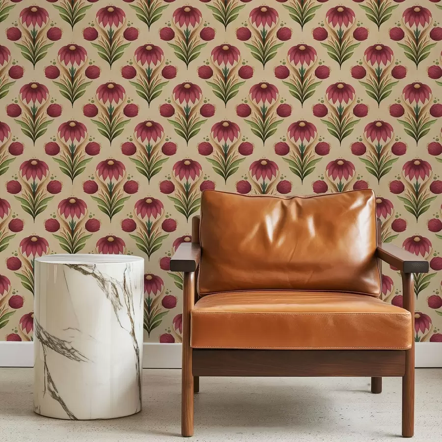 fototapeter Symmetrisk blomsterornament på varm beige bakgrunn a00812v6