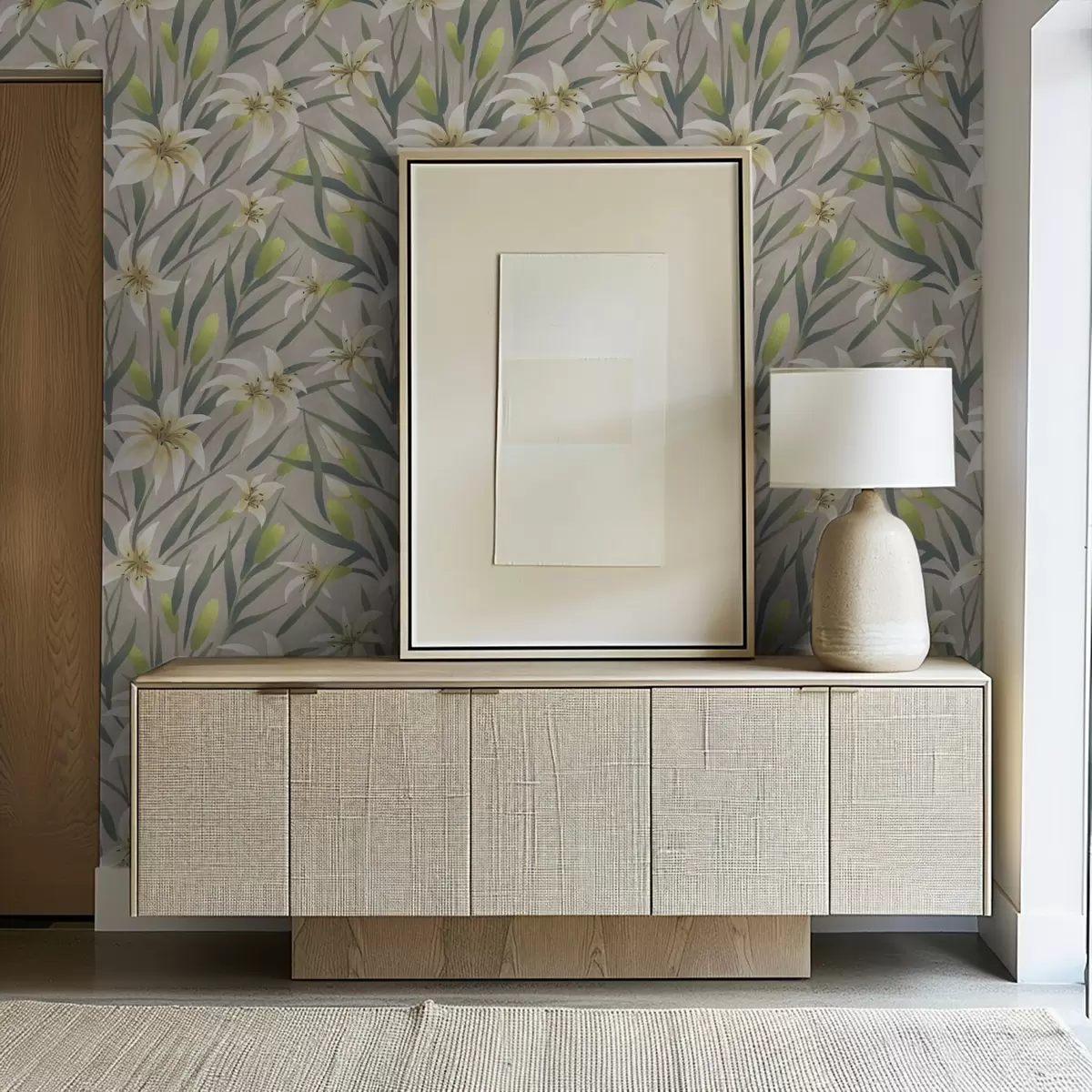 Bakgrunn Kremfargede liljer med blader på gråbeige bakgrunn a00837