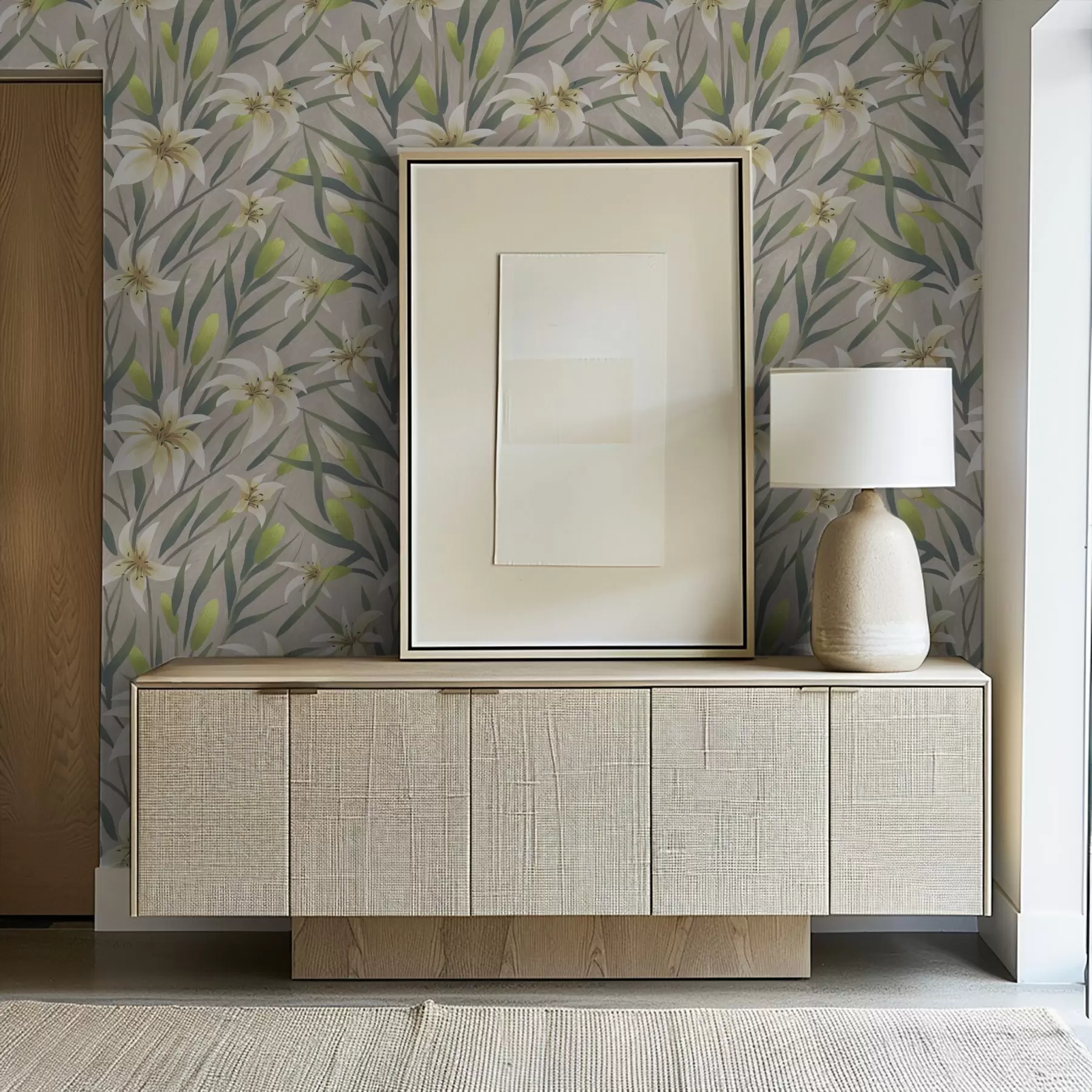 fototapeter Kremfargede liljer med blader på gråbeige bakgrunn a00837