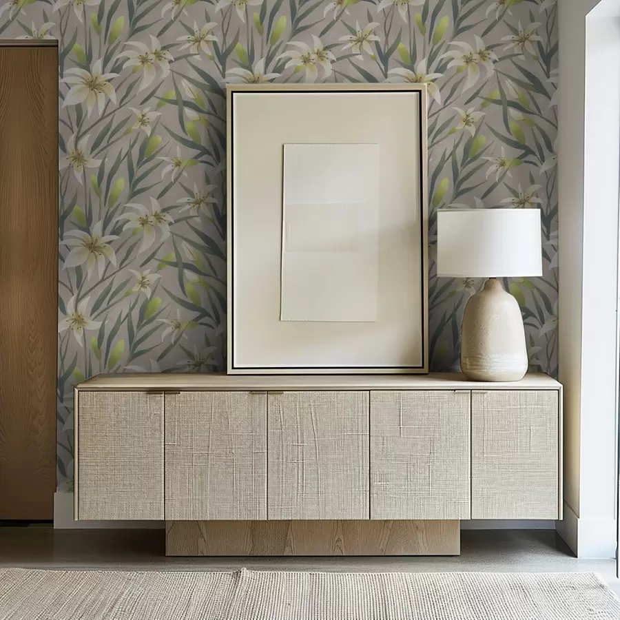 fototapeter Kremfargede liljer med blader på gråbeige bakgrunn a00837