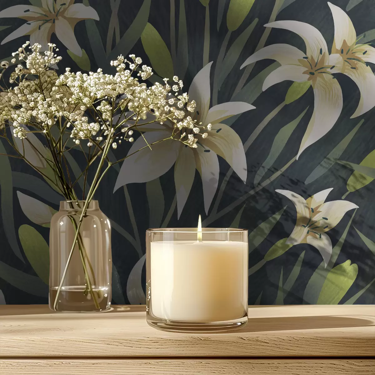 Bakgrunn Kremfargede liljer med blader på mørk bakgrunn a00837v1