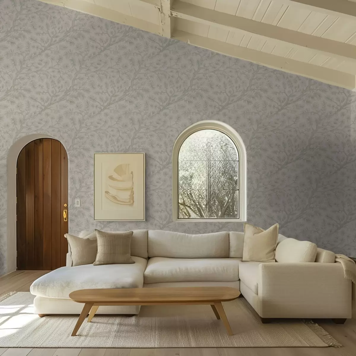 Bakgrunn Furugrener i lysegrønne toner på beige bakgrunn a00838v1