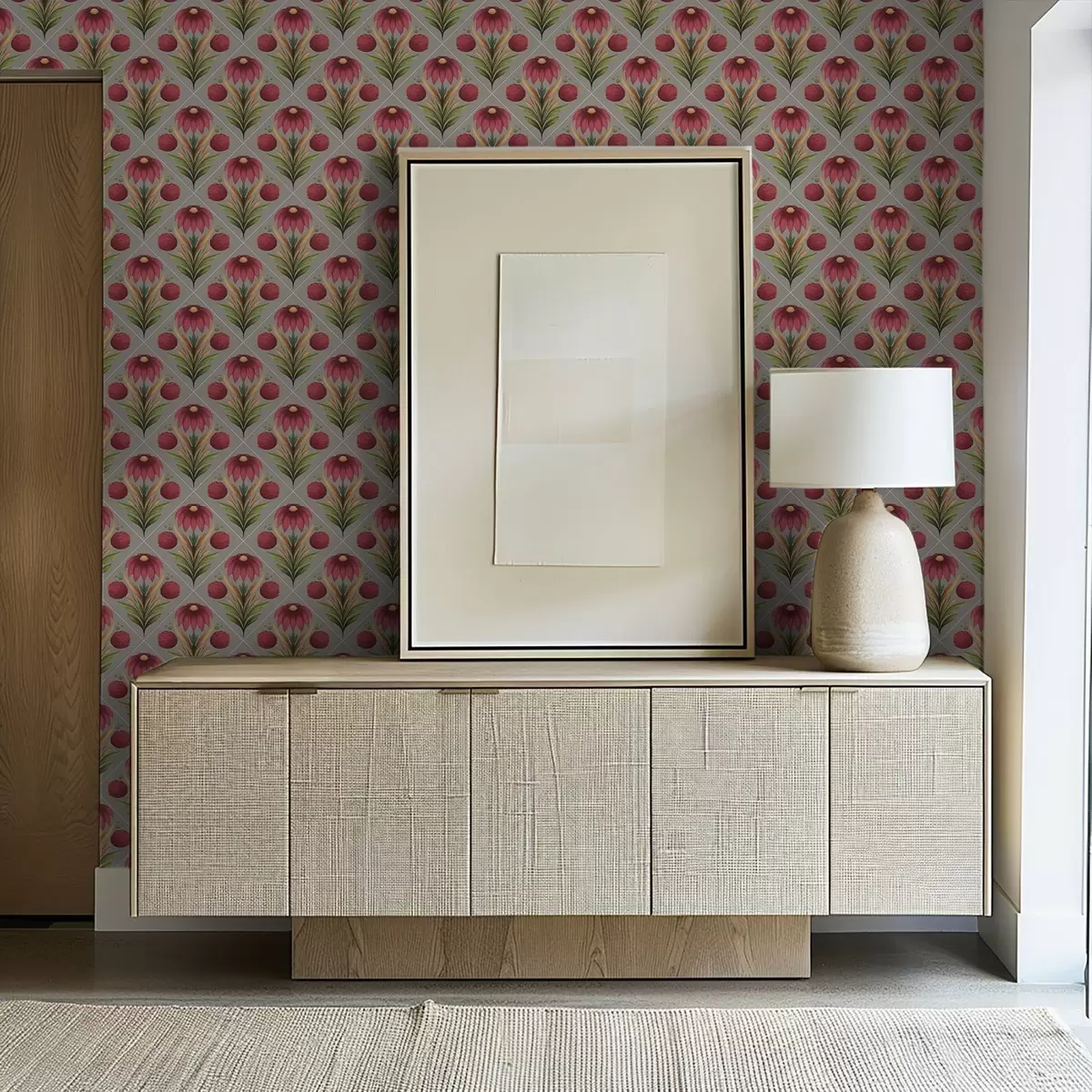 Bakgrunn Symmetrisk blomsterornament på grå bakgrunn med diagonaler a00869