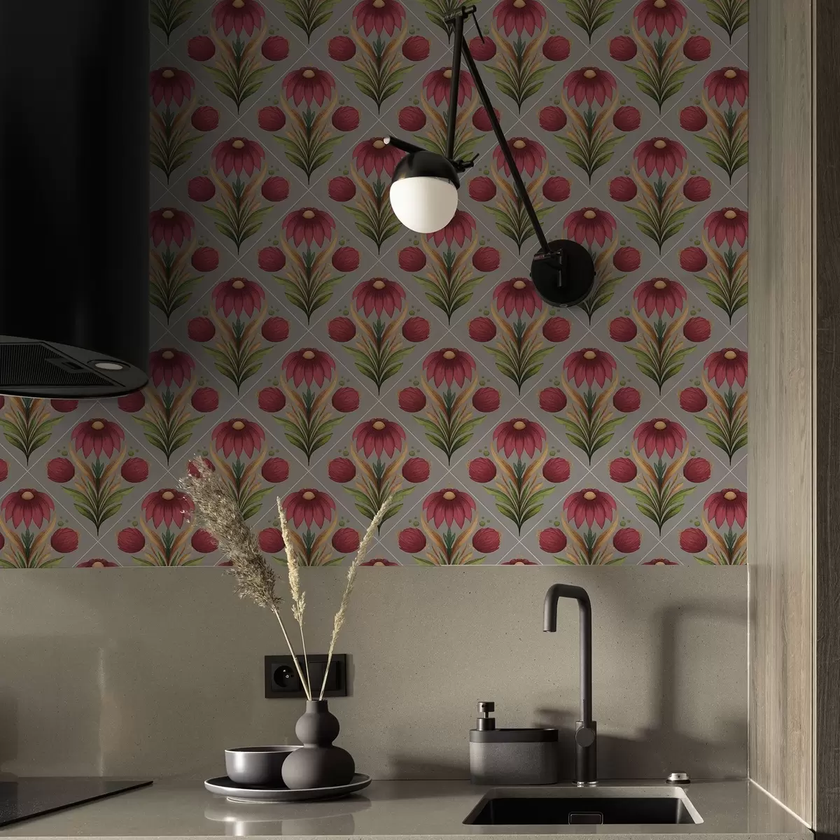 Bakgrunn Symmetrisk blomsterornament på grå bakgrunn med diagonaler a00869