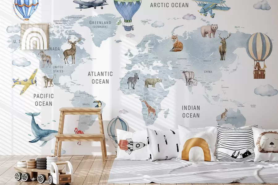 fototapeter Barnekart i akvarellstil med dyr og varmluftsballonger. Engelsk språk. Blå farge. c00001env1