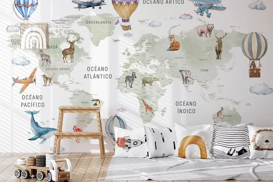 fototapeter Barnekart i akvarellstil med dyr og varmluftsballonger. Spansk språk. Grønn farge. c00001es